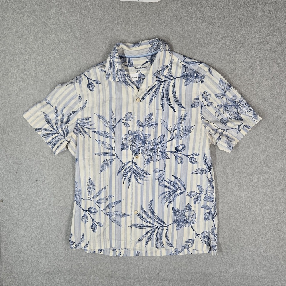 Tommy Bahama Men Button Up Shirt L White Floral Striped Silk Blend Hawaiian